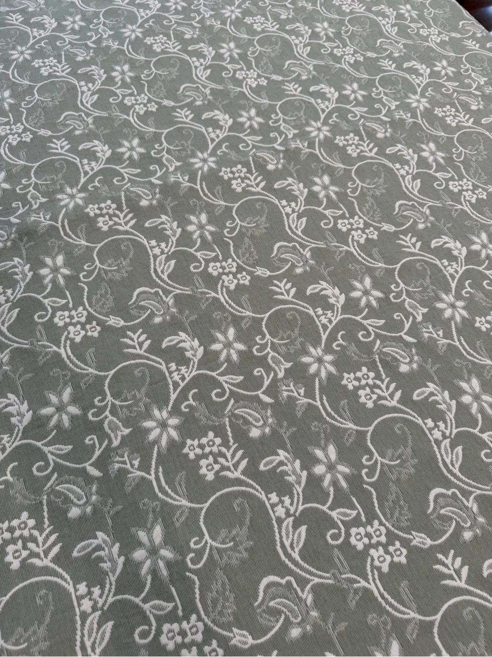 Floral Vine Jacquard Tablecloth sage green white reversible 83” x64” cotton blnd